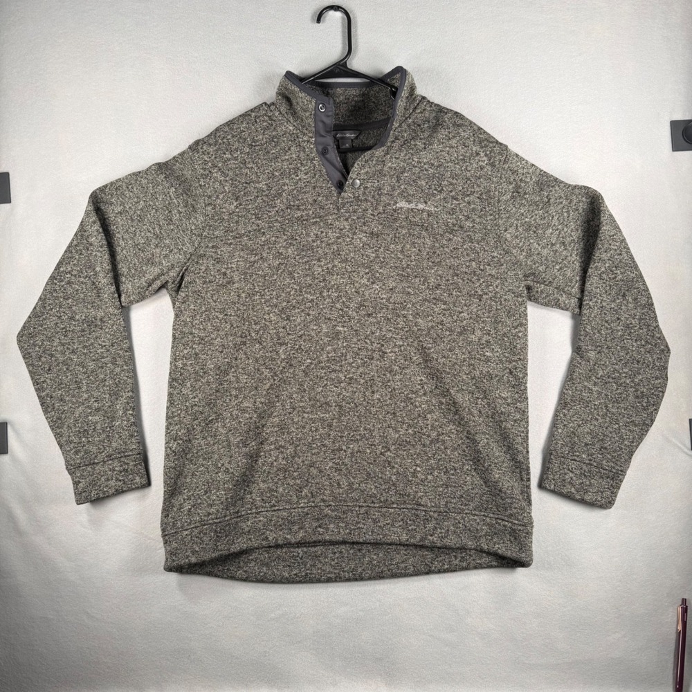 Eddie Bauer Mens XL Grey Marl Fleece Quarter Snap Pullover Sweater Mock Neck Top